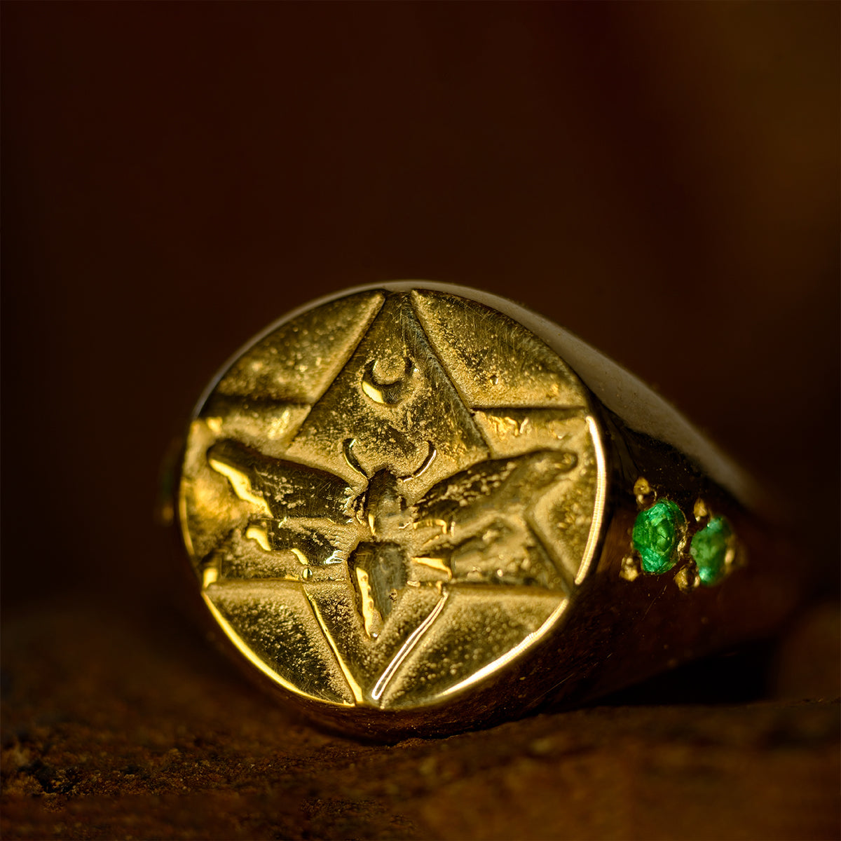 Lunar Signet Ring with Emeralds Solid Gold