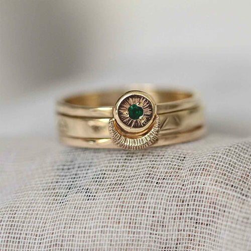 Sun Moon Four Elements Rings Set with Emerald Solid Gold Rachel Entwistle