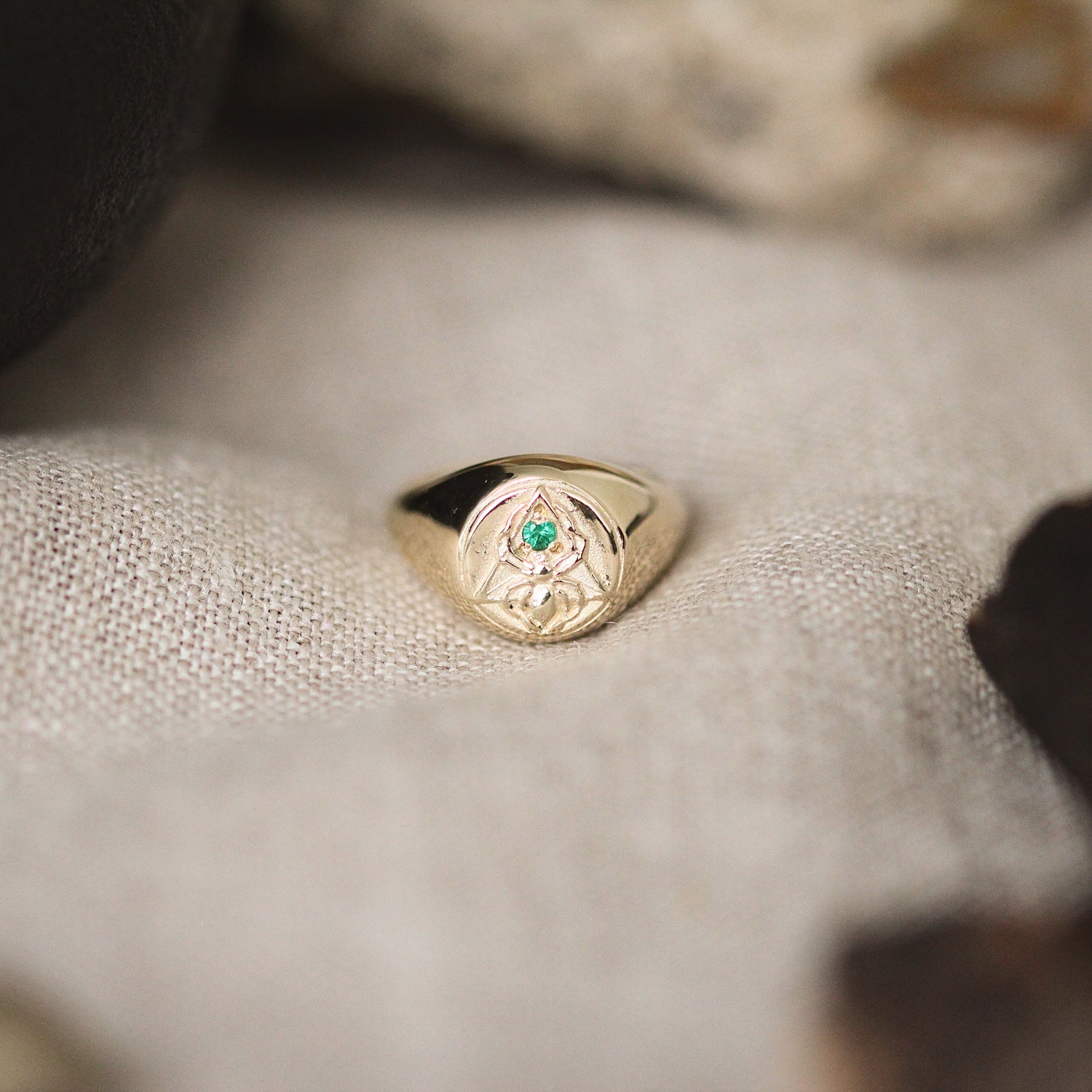 The Creation Signet Ring with Emerald Solid Gold