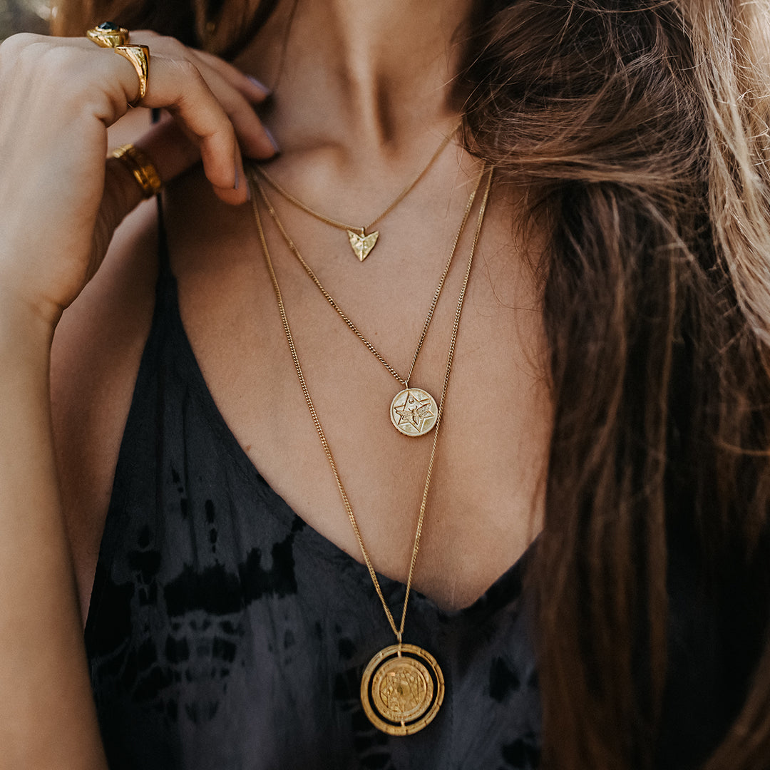 Lunar Coin Necklace with Emeralds Solid Gold