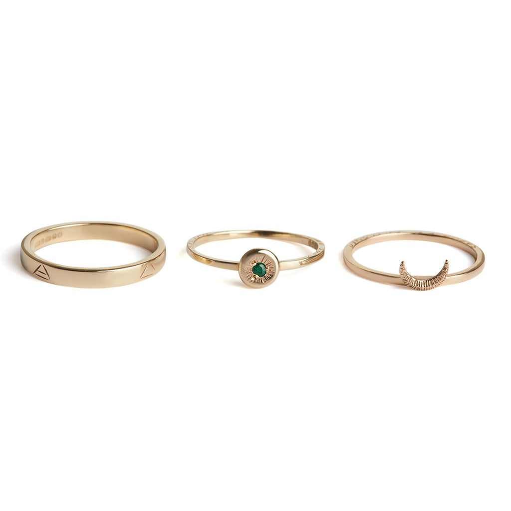 Sun Moon Four Elements Rings Set with Emerald Solid Gold