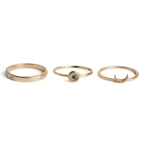 Sun Moon Four Elements Rings Set with Emerald Solid Gold Rachel Entwistle