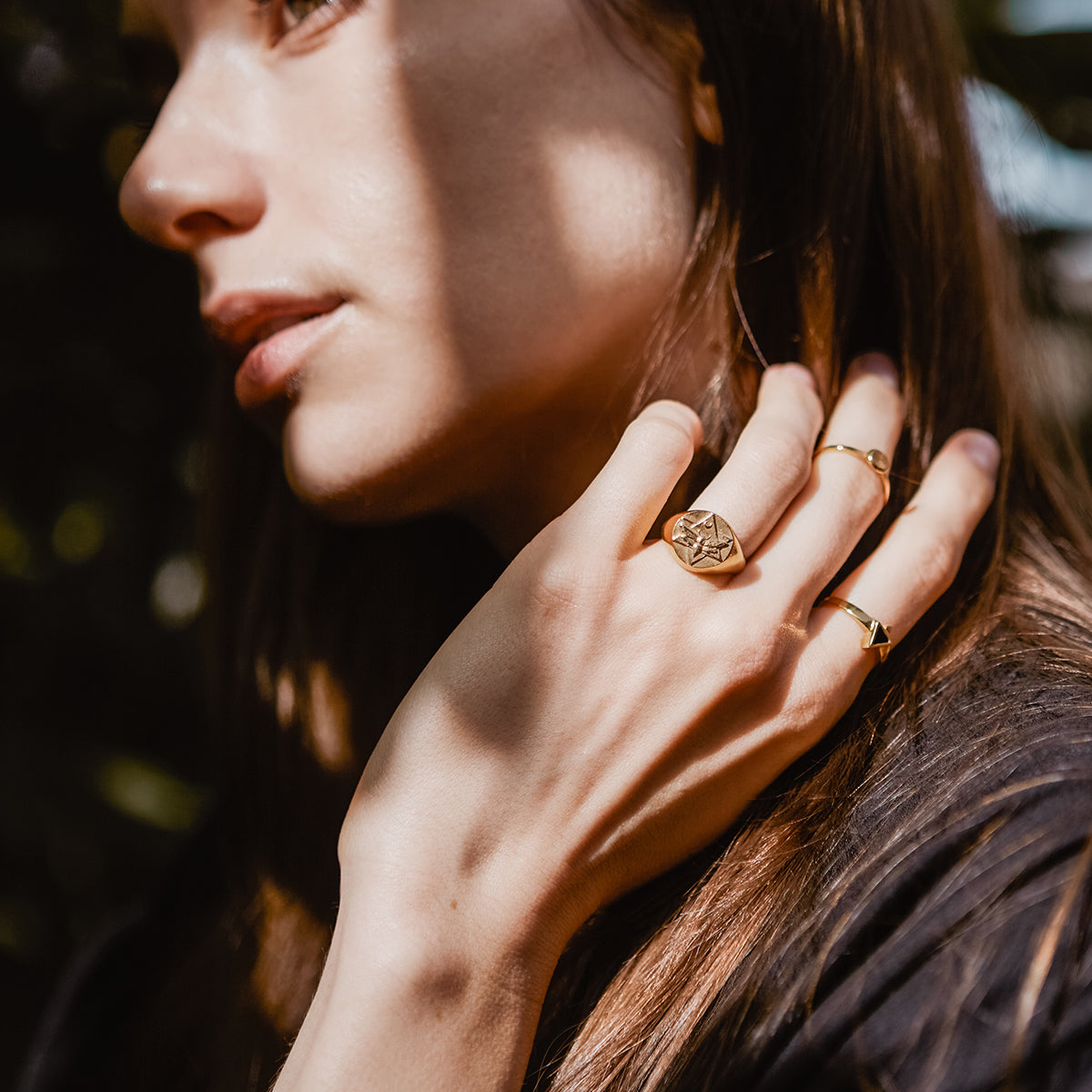 Lunar Signet Ring with Emeralds Solid Gold