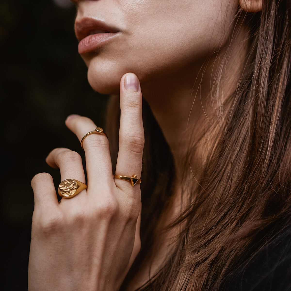 Lunar Signet Ring with Emeralds Solid Gold