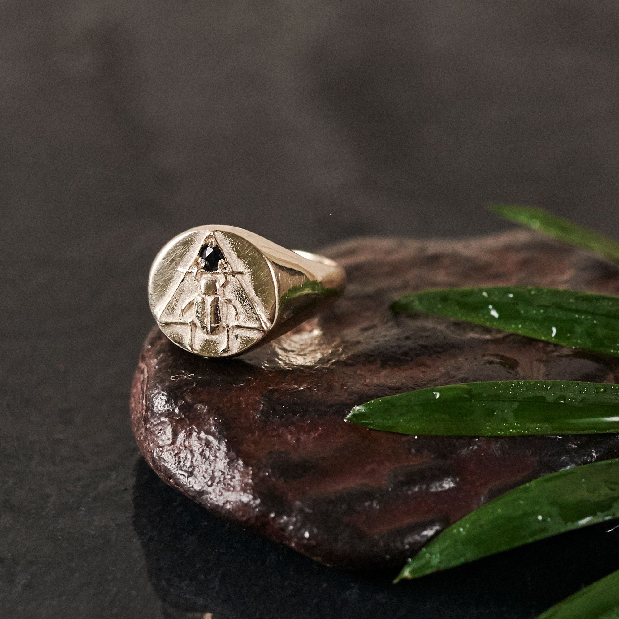 Scarab Signet Ring with Sapphire Solid Gold