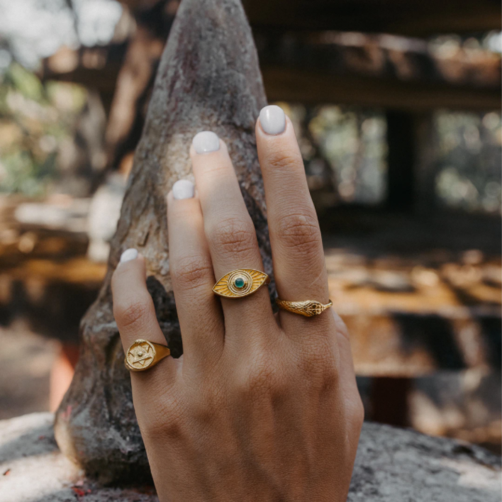 Ouroboros Signet Ring with Emerald, Ruby or Diamond Solid Gold