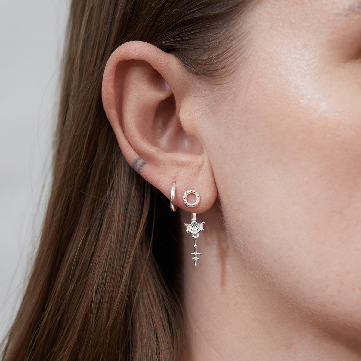 Celestial Mini Ear Jacket Silver with an Emerald