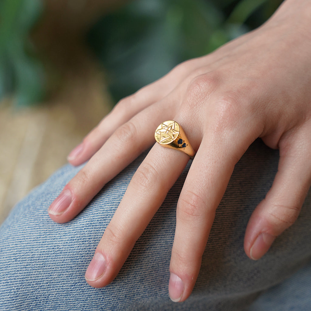 Lunar Signet Ring with Emeralds Solid Gold