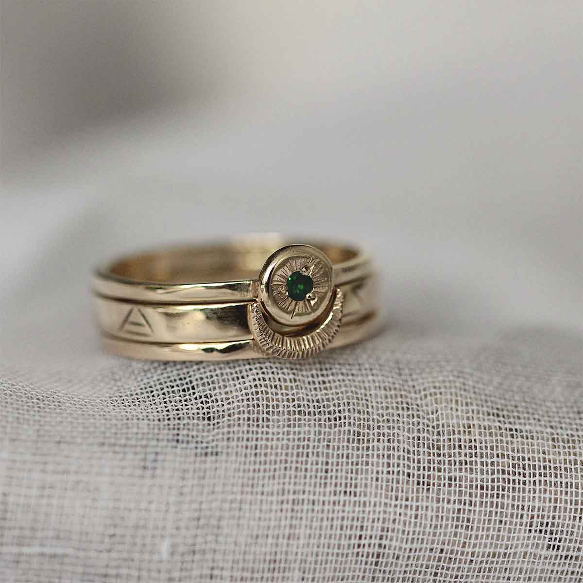 Sun Moon Four Elements Rings Set with Emerald Solid Gold